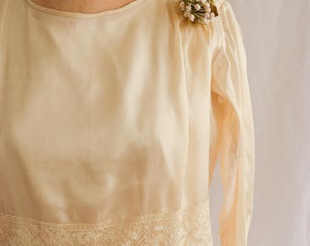 1920s Flapper Dress: Ivory Silk Satin Lace Dropped Waist