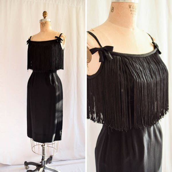 1950s Dress | Wanda | Vintage 50's Fringe Dress Black Wiggle Dress Rayon Crepe Shelf Bust Bows Shimmy Wanda Jackson Style LBD Bust 34
