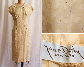 1960s Dress | Jane Derby | Vintage 50's / 60s Dress Rhinestone Studded Floral Silk Dupioni Classic Era Cocktail Dress Vintage Designer