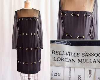 1990s Dress | Bellville Sassoon Lorcan Mullany | Vintage 90's Dress Black Crepe Gold Grommets with Velvet Ribbon and Silk Chiffon