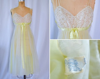 1960s Nightgown | Vanity Fair | Vintage 60s Floaty Citron Yellow and White Nylon Chiffon Nightgown with Lace Bust 32-34"