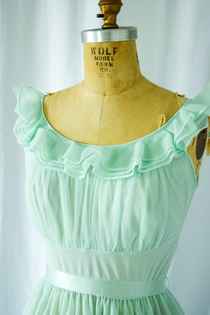 1950s Nightgown Shadowline Vintage 50s Triple Layer Mint Nylon Chiffon Nightgown Ruffled Ballerina image 3