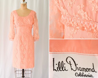 1960s Dress | Lilli Diamond  | Vintage 60s Dress Peach Lace Empire Waist Mini Cocktail Dress with Bead Trim and Open Back with Fall Train