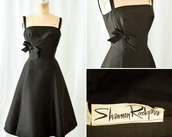 1960s Dress | Shannon Rodgers | Vintage 60s Dress Black Party Dress Sculptural Balenciaga-esque Fit and Flare with Bow Petticoat