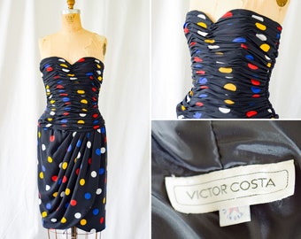 1980s Dress | Victor Costa | Vintage 80s Polka Dot Strapless Ruched Draped Front Party Mini Dress Eighties Designer