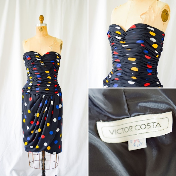 1980s Dress | Victor Costa | Vintage 80s Polka Dot Strapless Ruched Draped Front Party Mini Dress Eighties Designer