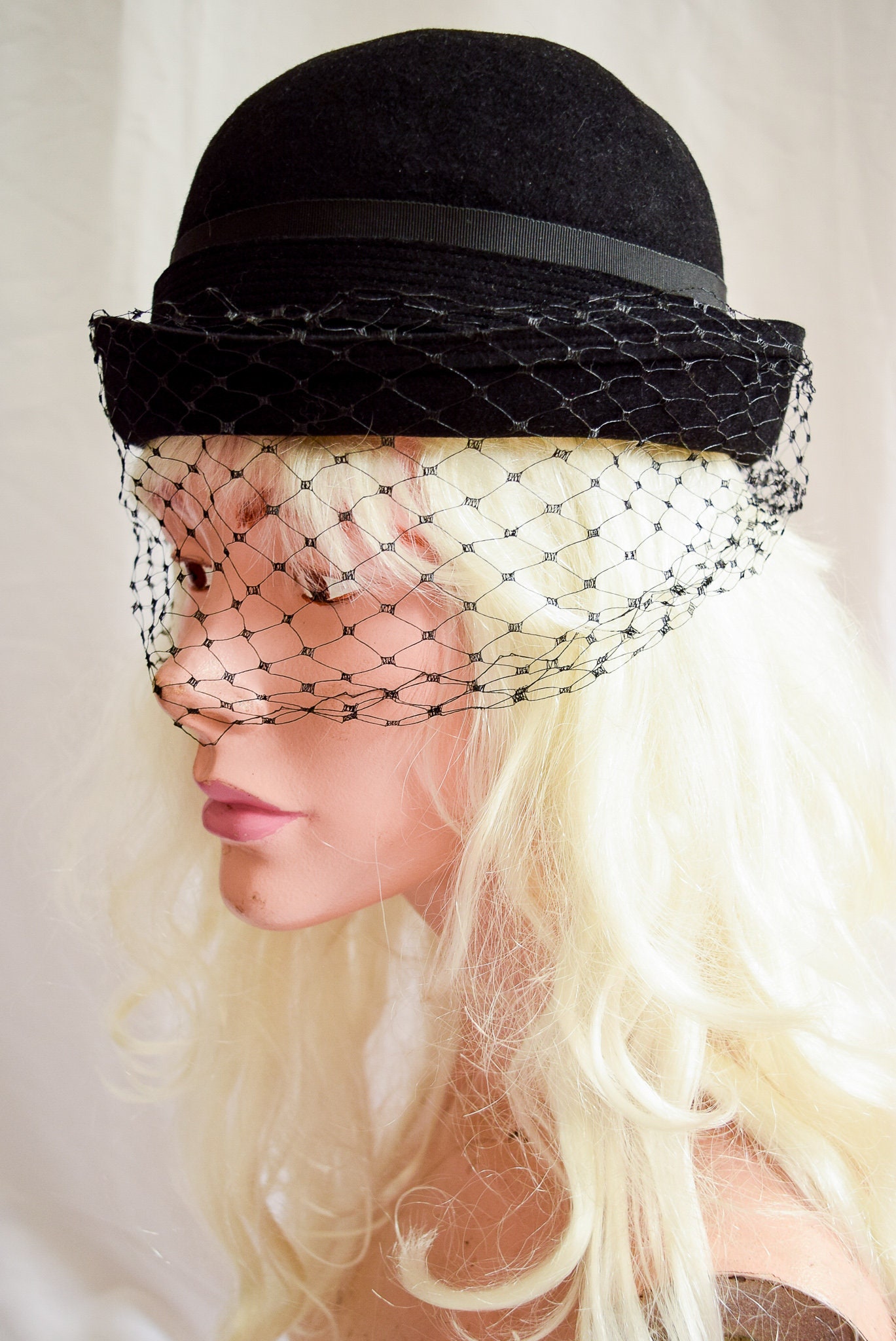 Vintage 100% Black Wool Felt 60’s Style Bowler Hat with Floral Trim Vintage 1960s Black Wool Felt Bowler Hat With Removable Veil  main image 4