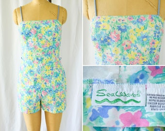 1980s Playsuit | Sea Waves | Vintage 80s Floral Print Romper with Bloomers Cotton Sunsuit