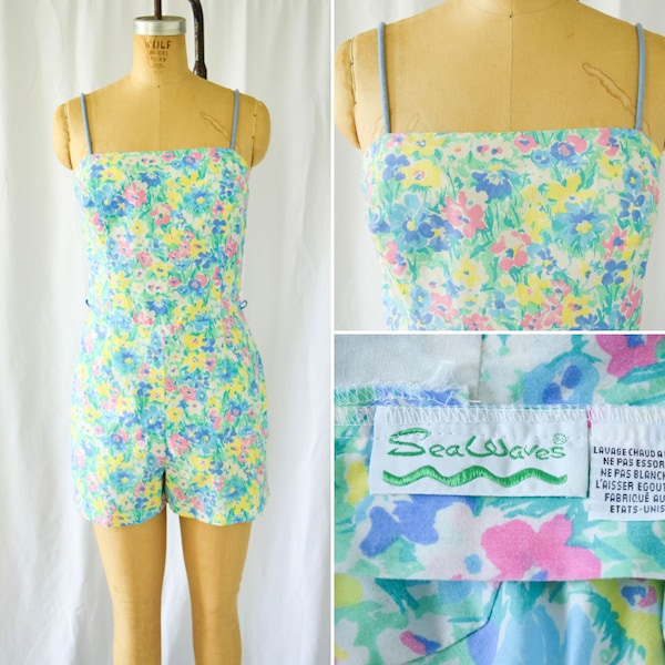 1980s Playsuit | Sea Waves | Vintage 80s Floral Print Romper with Bloomers Cotton Sunsuit