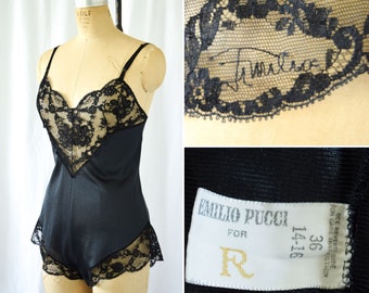 1970s Teddy  | Emilio Pucci for Formfit Rogers | Vintage 70s Black Teddy Romper Bodysuit Signature Lace 1970s Lingerie