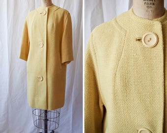 1960s Coat | The Globe Trotter | Vintage 60's Pale Yellow Wool Jacket Basket Weave Texture Large Buttons Pockets Marshall Fields