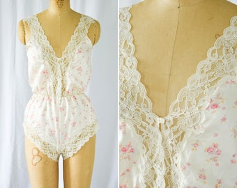 1980s Teddy  | Pink Floral | Vintage 80s Dainty Floral Print Charmeuse Lace Teddy Romper Bodysuit Step-In