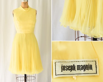 1960s Dress | Joseph Magnin  | Vintage 60s Dress Lemon Yellow Chiffon Cocktail Party Dress Accordion Pleats Bouncy Hem