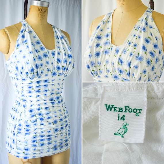 1940s Swimsuit | Web Foot | Vintage 40s Cornflowe… - image 1