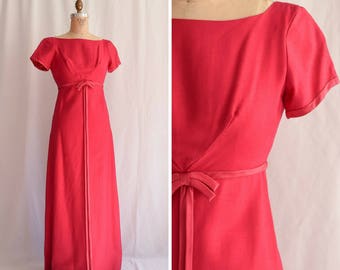Emma Domb | Vintage 1970s Maxi Dress Magenta Rayon Full Length Column Regency Gown Empire Waist Bow with Long Ties Short Sleeves 30" Bust
