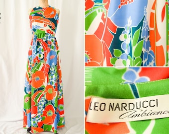1960s Dress | Leo Narducci  | Vintage Late 60's Maxi Gown Bold Tropical Floral Print Halter Dress with Pockets Dress Sz. S/M