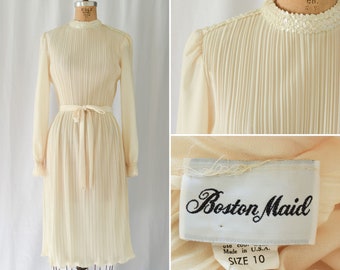 1970s Dress | Boston Maid | Vintage 70s Dress Ivory Perma-pleated Cocktail Party Dress with Sequins and Belt Tie City Hall Bride