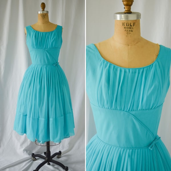 1950s Dress | Turquoise Chiffon | Vintage 50s Classic Era Fit and Flare Party Cocktail Dress with Built In Crinoline