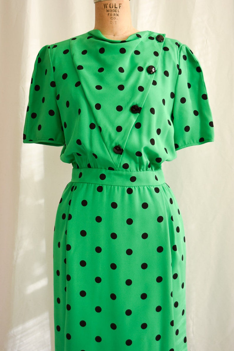 Valentino Vintage 1980's Dress Kelly Green and Black Polka Dot Silk Day ...