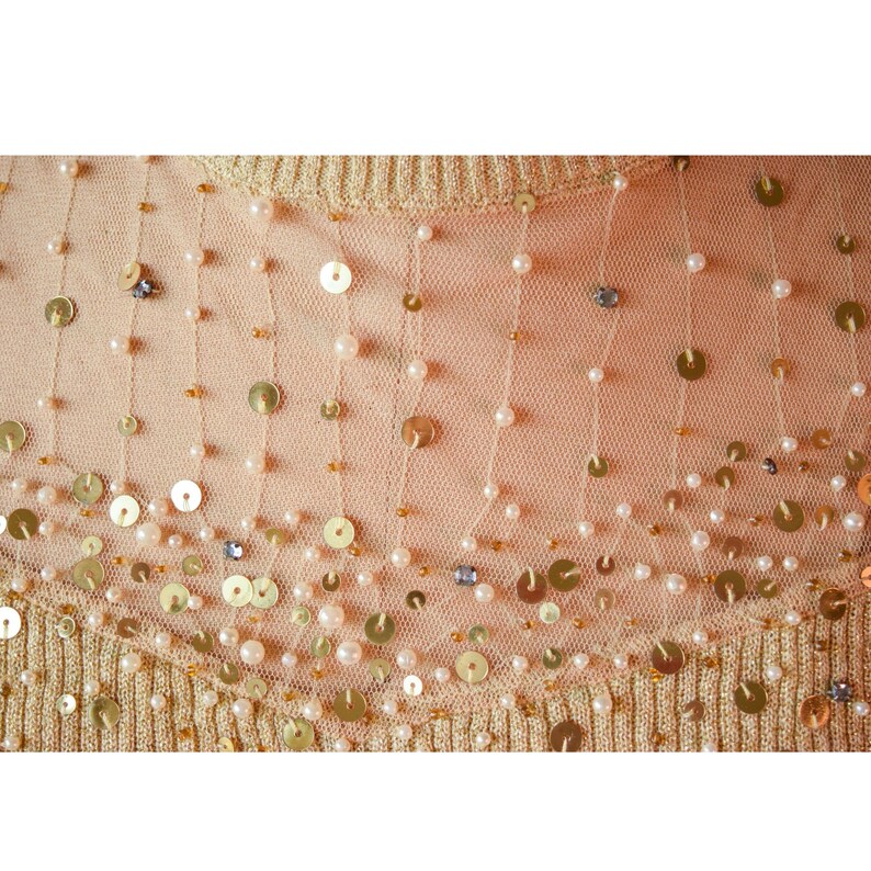 1970s Sweater Glitterati Vintage 70s Metallic Gold Lurex Beaded Ribbed Turtleneck Sweater With