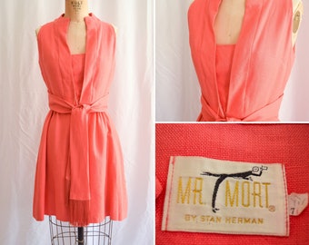 1960s Dress | Mr Mort by Stan Herman | Vintage 60s Salmon Pink Linen Dress Sleeveless Fringed Sash Tie Mini Dress Placket Neckline 28" Waist