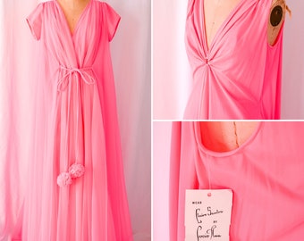 NOS 1960s Peignoir Set | Claire Sandra by Lucie Ann Beverly Hills | Vintage 60s Hot Pink Nightgown Robe Pom Pom Hollywood Goddess Full Sweep