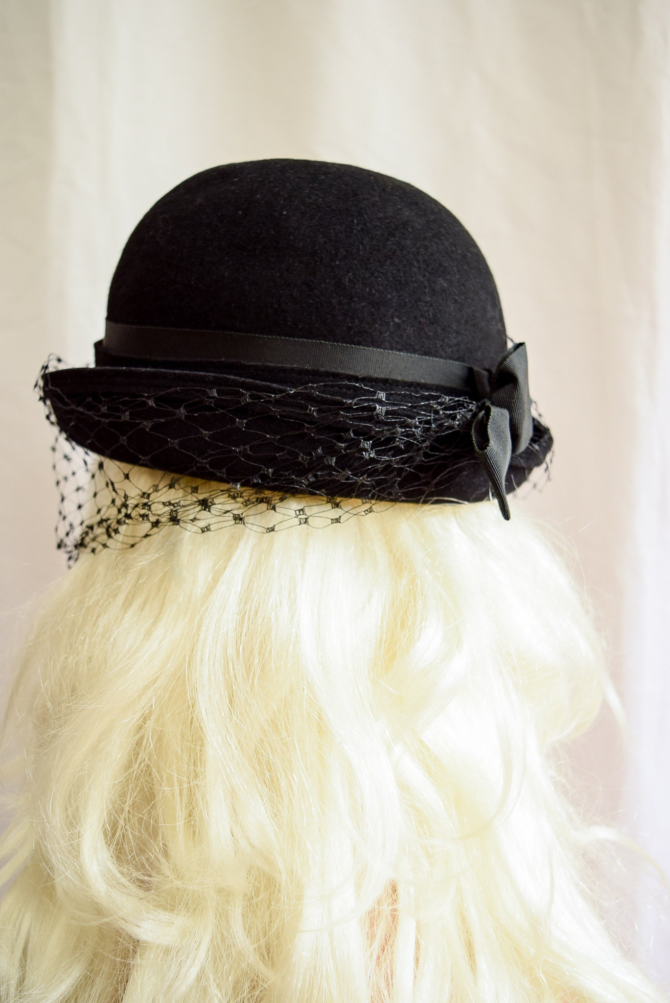 Vintage 100% Black Wool Felt 60’s Style Bowler Hat with Floral Trim Vintage 1960s Black Wool Felt Bowler Hat With Removable Veil  main image 3