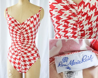 1980s Swimsuit | Rose Marie Reid  | Vintage 80s Red Houndstooth One Piece Bathing Suit Ruched Front