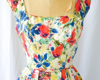 1950s Dress | Florice | Vintage 50's Fit and Flare Spring Floral Cotton Damask Dress