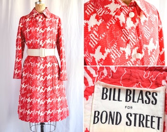 1960s Coat | Bill Blass for Bond Street | Vintage 60's MOD Trench Coat Textured Cotton Red Houndstooth Pepita Print Wide Belt