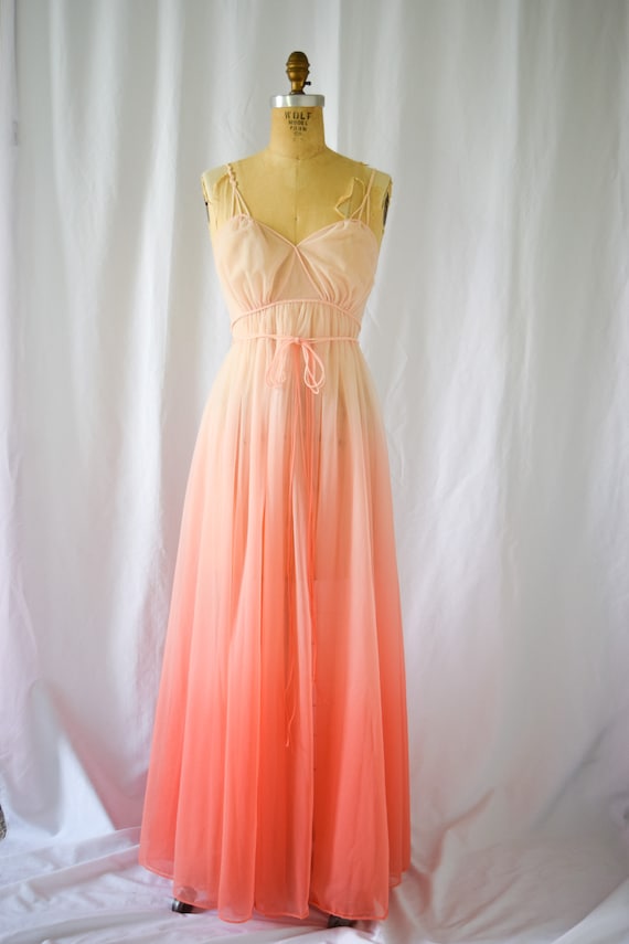 1950s Nightgown Vanity Fair Vintage 50s Sunset Pink Ombre Nylon Chiffon Nightgown Full Length Grecian Braids Gold Conversation Label Etsy UK