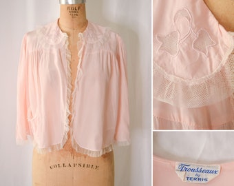 1930s Bed Jacket | Trousseaux by Terris | Vintage 30s Pink Rayon Bed Jacket with Mesh Trim Cute Pocket Short Robe