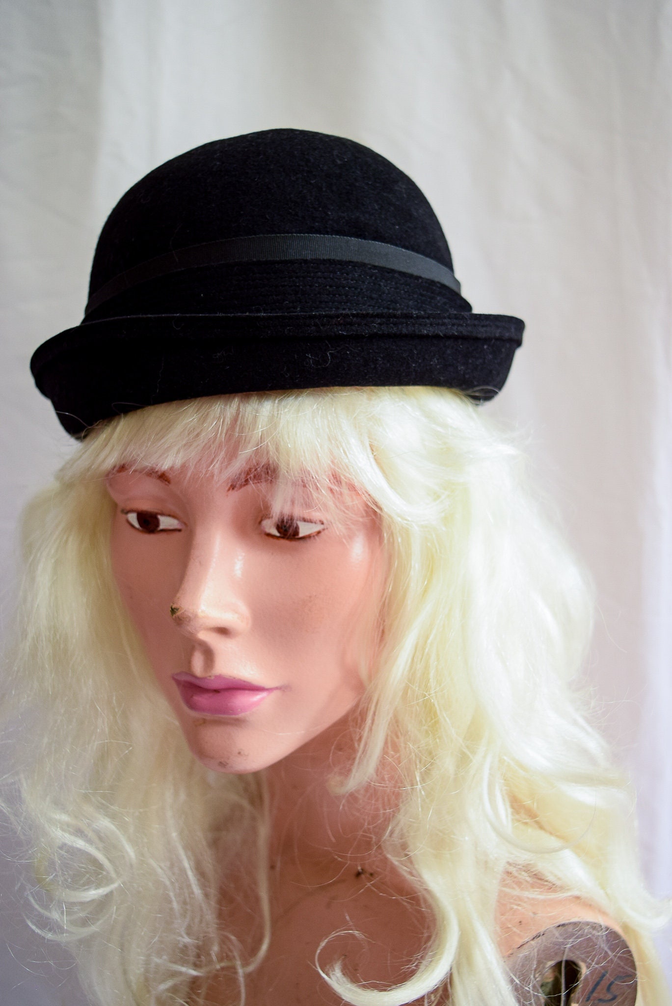 Vintage 1960s Black Wool Felt Bowler Hat With Removable Veil 