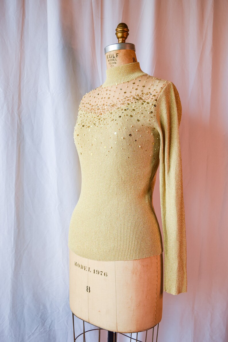 1970s Sweater Glitterati Vintage 70s Metallic Gold Lurex Beaded Ribbed Turtleneck Sweater With