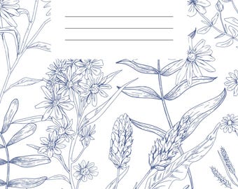 Cuaderno floral azul de líneas finas imprimible en PDF, planificador digital minimalista, diario estético, cuaderno imprimible de 50 páginas, descarga instantánea