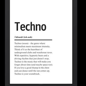 Techno - Dictionary Definition Print Digital Wall Art for EDM Fans & Rave Lovers techno vibes rave party techno music rave beats edm techno