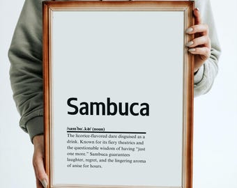 Impresión de definición de Sambuca: arte de pared divertido y sarcástico para amantes de Sambuca: regalo perfecto para bebedores y decoración de bar en el hogar