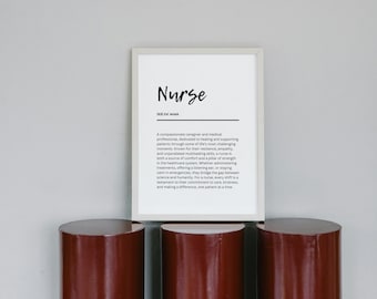 May include: A framed print with a white background and black text. The text reads "Nurse" and defines the word as "A compassionate caregiver and medical professional, dedicated to healing and supporting patients through some of life's most challenging moments. Known for their resilience, empathy, and unparalleled multitasking skills, a nurse is both a source of comfort and a pillar of strength in the healthcare system. Whether administering treatments, offering a listening ear, or staying calm in emergencies, they bridge the gap between science and humanity. For a nurse, every shift is a testament to their commitment to care, kindness, and making a difference, one patient at a time."
