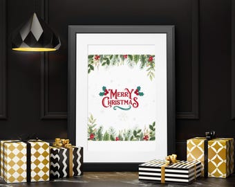 Elegant Merry Christmas Print - Festive Holiday Wall Art christmas wall art holiday home decor christmas greenery xmas poster art