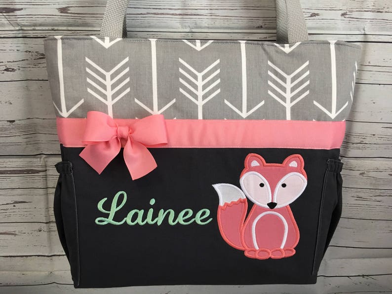 Personalized Free Bottle Pockets .. FOX in CORAL .. DIAPER Bag Set . FoXES . Applique ..
