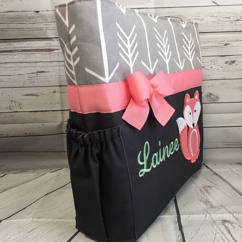 Personalized Free Bottle Pockets .. FOX in CORAL .. DIAPER Bag Set . FoXES . Applique ..