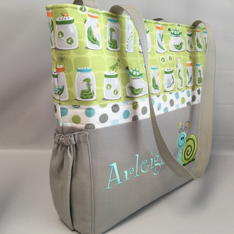 Applique .. Personalized Free . Bottle Pockets . SNAIL . BUGS in Jars . Zipper Closure Available DIAPER Bag .