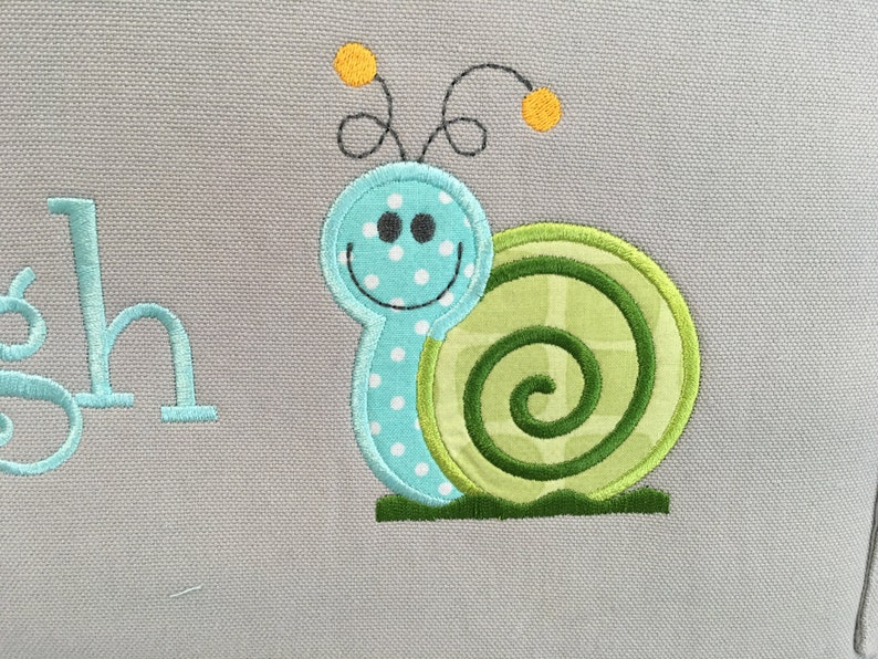 Applique .. Personalized Free . Bottle Pockets . SNAIL . BUGS in Jars . Zipper Closure Available DIAPER Bag .