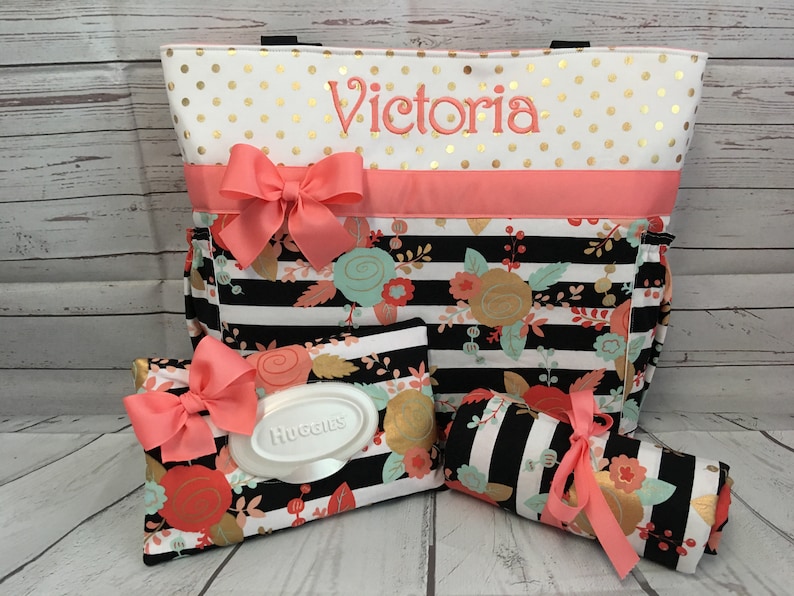 Zipper Available TOTE .. Vintage Roses .. GOLD Roses Dots and Stripes .. Diaper Bag SET.. Personalized Free ...