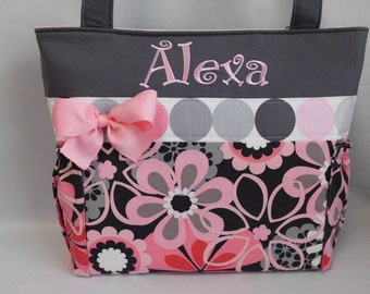FLOWER Shower PINK and Gray Floral ... Diaper Bag ... Personalized FREE