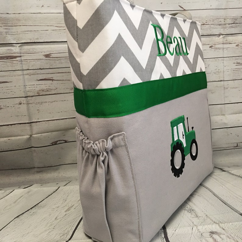 Changing Pad  .. WIPE Cover Set .. Green TRACTOR   .. Gray Chevron Diaper Bag .