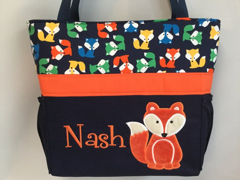DIAPER Bag . Applique .. Bottle Pockets .. NAVY Orange . Personalized Free FOX ..