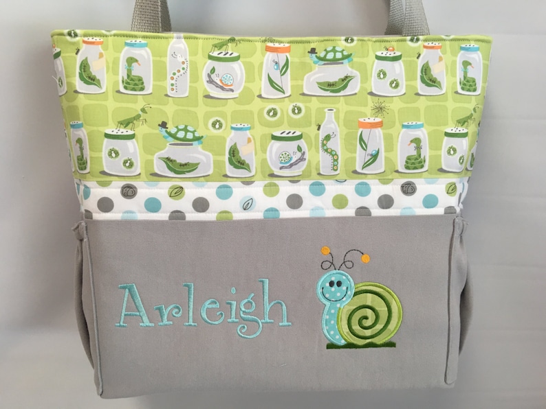 Applique .. Personalized Free . Bottle Pockets . SNAIL . BUGS in Jars . Zipper Closure Available DIAPER Bag .