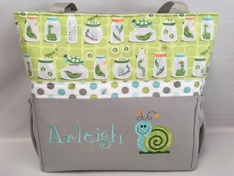 Applique .. Personalized Free . Bottle Pockets . SNAIL . BUGS in Jars . Zipper Closure Available DIAPER Bag .