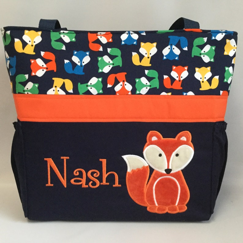 DIAPER Bag . Applique .. Bottle Pockets .. NAVY Orange . Personalized Free FOX ..